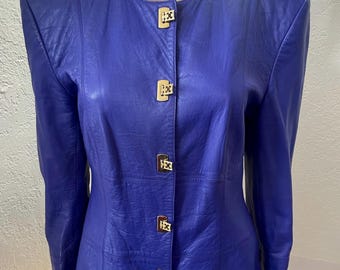 Vintage 80s ESCADA Margaretha Ley Purple Leather Jacket Silk-Lined Made In Spain US 8 UK 12 Es 40