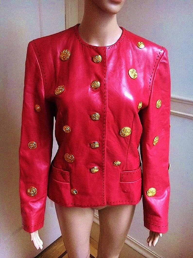 Escada Margaretha Ley Medallion Embellished Red Leather Jacket 8 36 Time Clock Steampunk