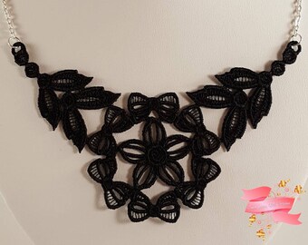 Black lace necklace Black embroidered necklace Black necklace Statement Necklace Lace jewelry Black Bib Necklace Embroidered Jewelry