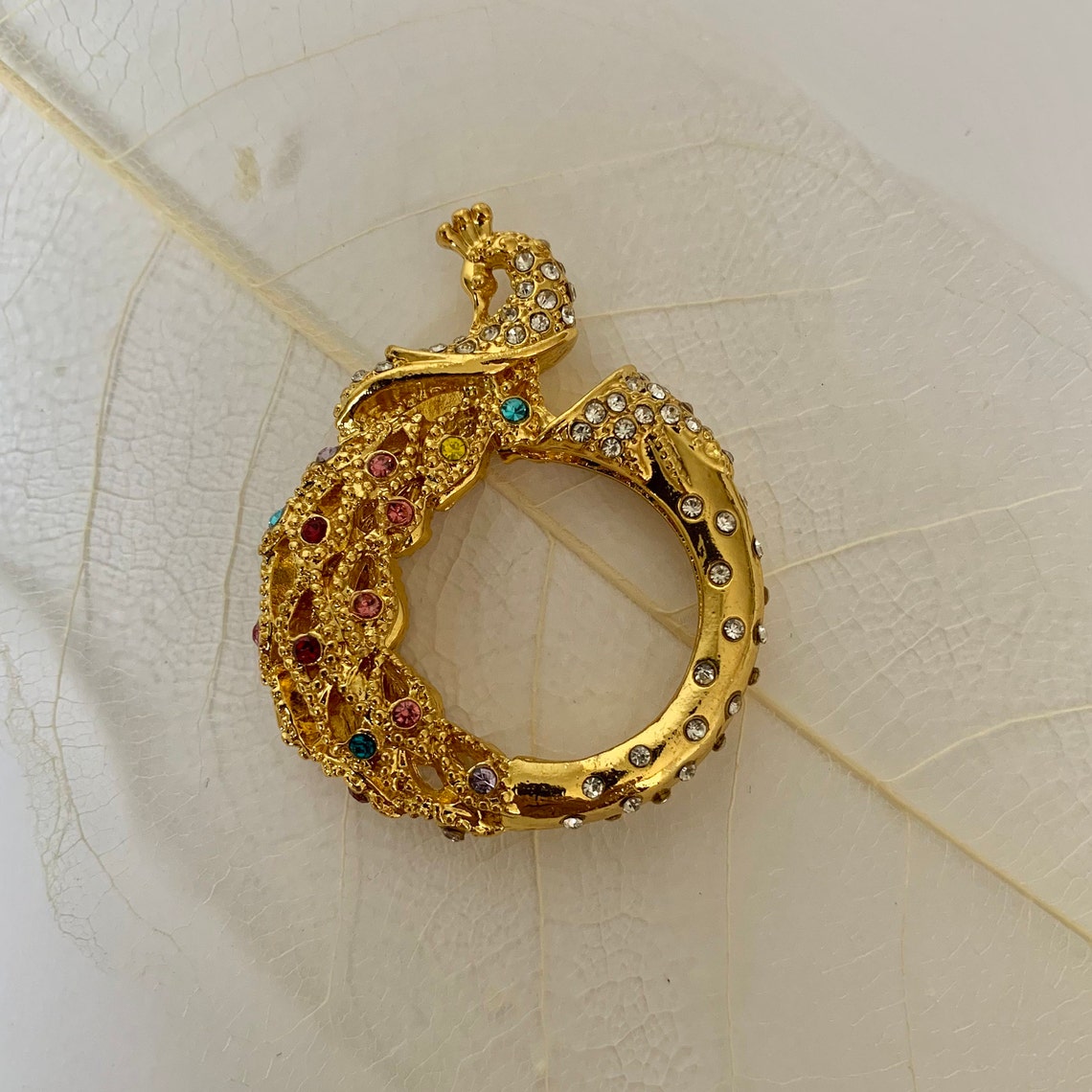Diamond Encrusted Gold Peacock Ring Etsy