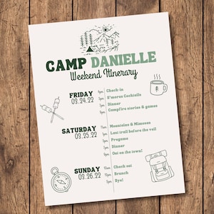 May include: A printable weekend itinerary for Camp Danielle, with a green and black color scheme. The itinerary includes activities like check-in, s'mores cocktails, campfire stories, and a last trail before the veil.