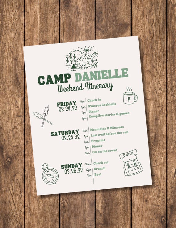 Camp Bachelorette Weekend Itinerary - Downloadable Template