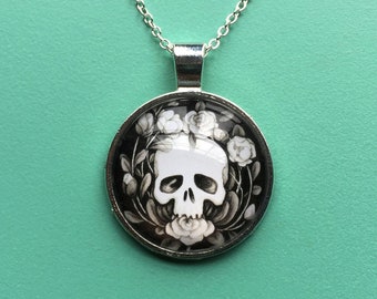 Skull and Flowers Pendant Necklace | Elegant and Dark Original Illustrated Jewelry