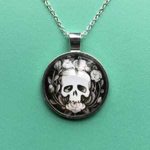 Skull and Flowers Pendant Necklace | Elegant and Dark Original Illustrated Jewelry