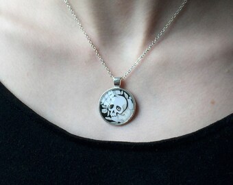 Gazing Skull Flower Pendant Necklace | Strange Original Illustrated Jewelry