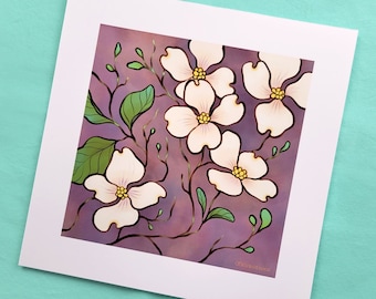 Flowering Dogwood Illustration Print | 8x8 inch High Quality Giclée Spring Blooms Unframed Illustration Print