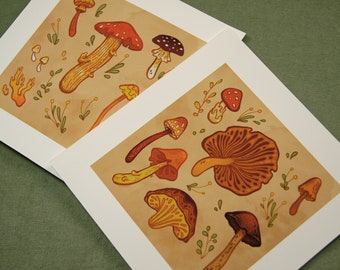 Earthy Mushrooms Art Prints | 6x6 & 8x8 inch Nature Inspired Unframed Giclée Illustration Print