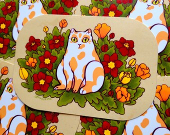 Garden Cat Waterproof Vinyl Sticker | Cute White & Orange Cat Die Cut Sticker