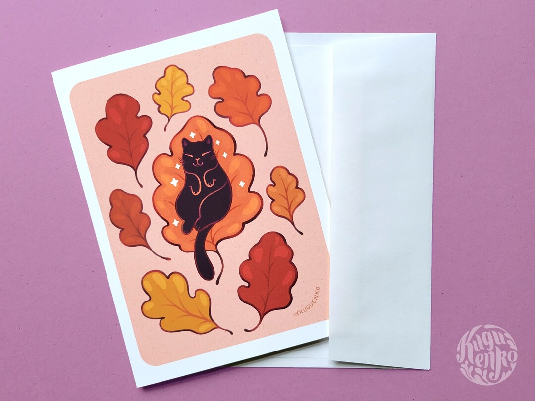 Fall Leaf Kitty Greeting Card With Envelope | 5"x7" Cute Black Cat ...