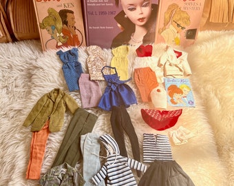 Vintage 1960s Barbie Mattel Collection Books Clothes Dress Ken Pants Coat Set