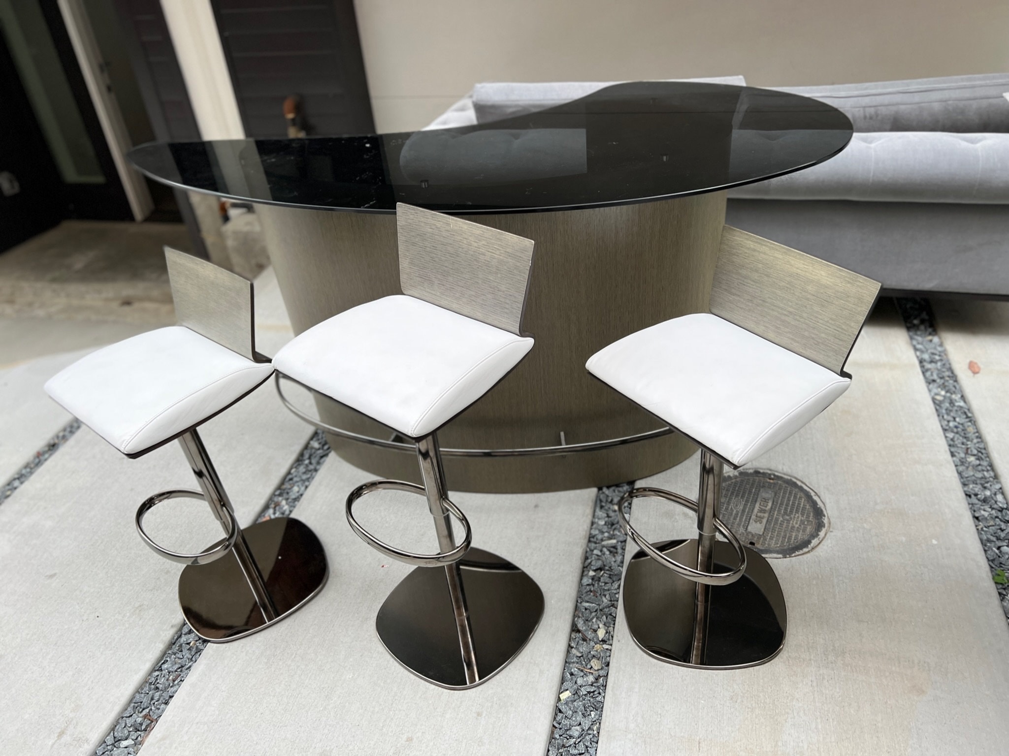 Hi End 14K ROCHE Bobois UBLO Smoke Glass Grey Wood Bar 3 Stools