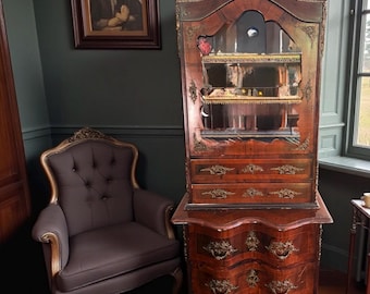 Antique 19th Century French Gilt Brass Walnut Secretary Display Cabinet Vitrine