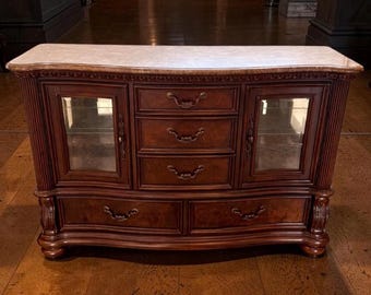 Vintage French Marble Top Sideboard Buffet Glass Door Credenza Console