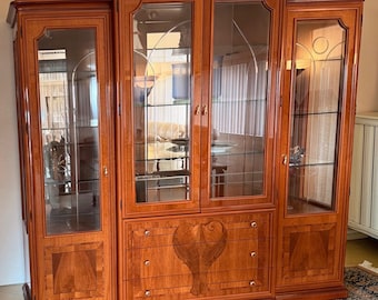 1970s Vintage Italian Breakfront Mahogany Wood Display China Cabinet Vitrine