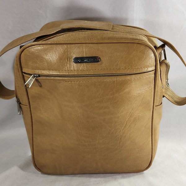 Vintage Samsonite Large Faux Leather Brown / Beige Shoulder Tote Travel Carry On Bag Luggage