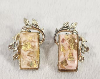 Vintage Coro Pink Confetti Lucite Clip On Earrings with Gold Flecks in Goldtone Leaves Setting
