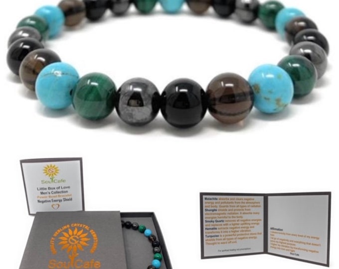 Men's Negative Energy Shield Power Bead Bracelet - Malachite, Shungite, Turquoise, Smoky Quartz, Magnetic Hematite - Gift Box & Tag