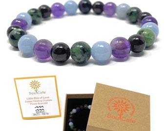 Aquarius Zodiac Crystal Gemstone Stretch Bead Bracelet - SoulCafe Gift Box & Tag - Garnet, Angelite, Amethyst, Ruby in Zoisite - S/M/L/XL