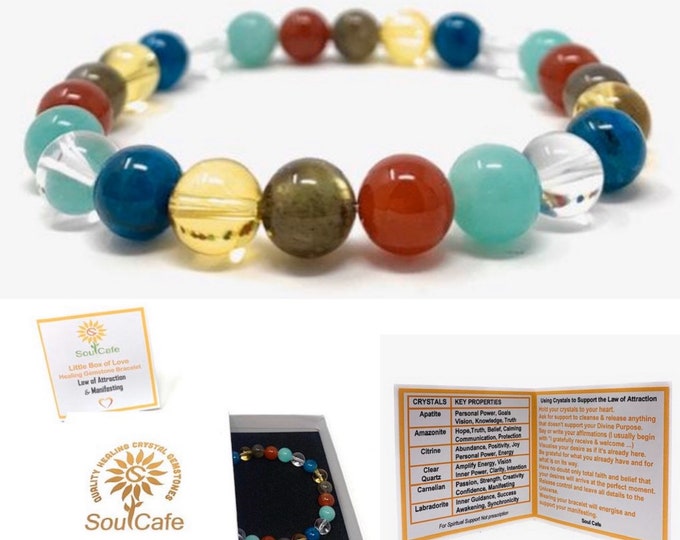 Law of Attraction & Manifesting Power Bead Bracelet - Healing Crystal Gemstone Bracelet - Gift Box and Information Tag
