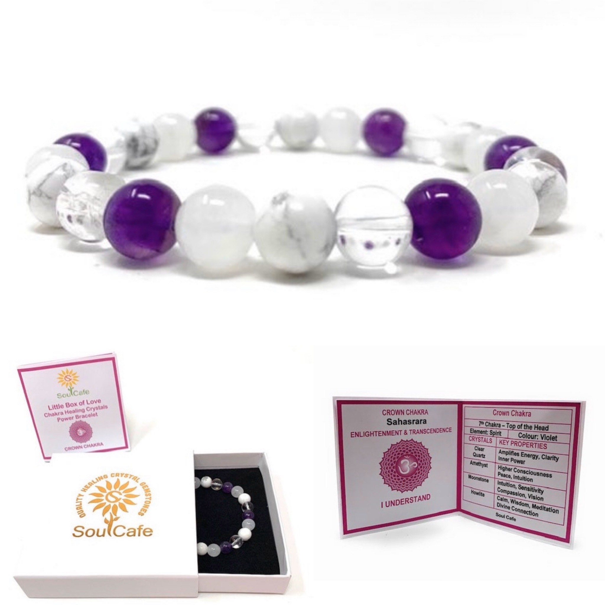 Howlite Crystal Quartz /& Amethyst Beaded Bracelet
