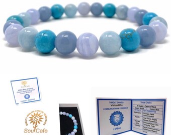 Throat Chakra Bracelet - Power Bead Bracelet - Healing Crystal Gemstones - Aquamarine, Angelite, Turquoise, Blue Lace Agate - Gift Box & Tag
