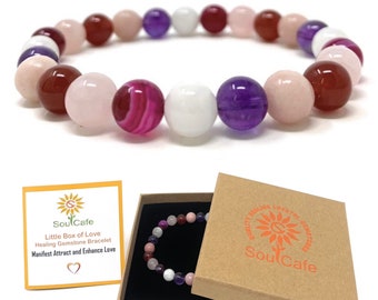 Love Manifesting Crystal Gemstone Bracelet - Healing Power Bead Bracelet -  Soul Cafe Gift Box and Tag - S/M/L/XL