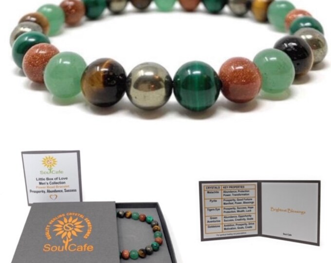 Men's Prosperity Crystal Bracelet - Stretch Power Bead Bracelet - Healing Crystal Gemstones - Soul Cafe Gift Box & Tag