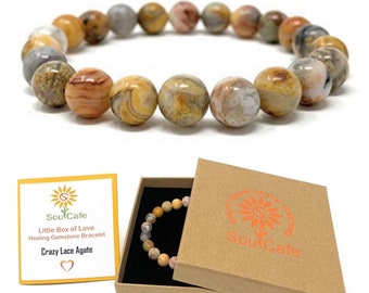 Crazy Lace Agate Crystal Gemstone Bead Bracelet - Healing Crystal Gemstone Bracelet - Soul Cafe Gift Box & infomation card -  S/M/L/XL