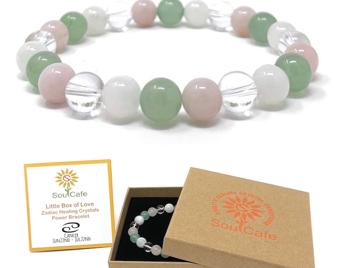 Cancer Zodiac Crystal Gemstone Stretch Bead Bracelet- Soul Cafe Gift Box & Tag - Moonstone, Rose Quartz, Aventurine, Clear Quartz S/M/L/XL