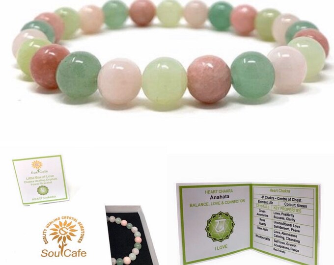 Heart Chakra Bracelet - Power Bead Bracelet - Healing Crystal Gemstones, Green Aventurine, Rose Quartz, Jade, Rhodochrosite - Gift Box & Tag
