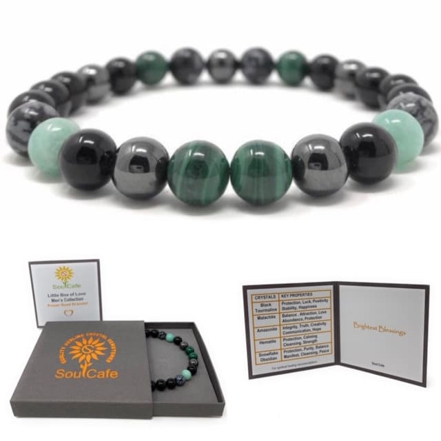 Men S Power Bead Bracelet Black Tourmaline Malachite Amazonite Hematite Snowflake Obsidian Soul Cafe Gift Box