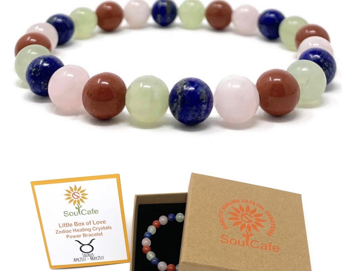 Taurus Zodiac Crystal Gemstone Stretch Bead Bracelet -  SoulCafe Gift Box & Tag - Rose Quartz, Jade, Lapis Lazuli, Red Jasper. S/M/L/XL