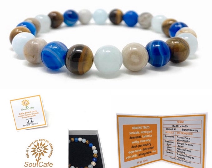 Gemini Crystal Bracelet - Power Bracelet - Zodiac Birthstones - Gift Box & Gemini Tag - Aquamarine, Blue Agate, Tigers Eye, Ocean Jasper