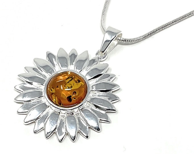 Amber Sunflower Necklace - Sterling Silver & Amber Pendant - Healing Crystal Gemstones - Celestial Jewellery - Gift Box and tag - 2.5cm