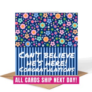 J'arrive pas à croire qu'il est là ! Félicitations • Bleu • Carte de naissance • Baby shower • Carte de grossesse • Carte personnalisée