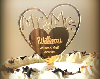 Mr and Mrs Heart Wedding Cake Topper, Mr & Mrs Custom Mirrored Acrylic Cake Topper