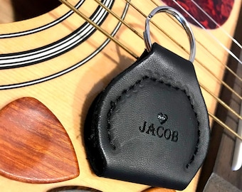 Custom Guitar Pick Holder - Leather Guitar Pick Holder - Personalized Genuine Black Leather Guitar Pick Holder with Key Ring - Engraved