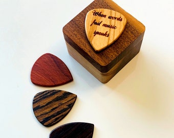Custom Wood Guitar Picks - Engraved Guitar Pick - Personalized Wood Guitar Pick - Solid Wood Guitar Picks - with Walnut Wood Guitar Pick Box