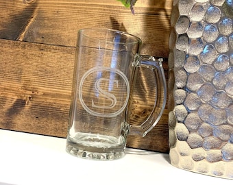 Custom Glass Monogram Beer Mug - Personalized Beer Stein - 17oz or 500ml Large Glass Custom Beer Mug - Groomsman - Best Man Beer Mug Gift