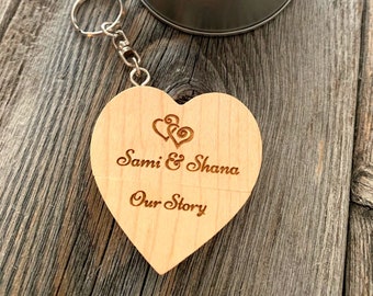 Engraved Maple Heart Shaped Wood 32GB USB Key Chain Thumb Drive Metal Gift Box