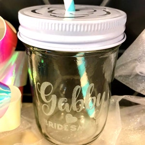 Personalized Etched Mason Jar Wedding Favor with Flower Lid
