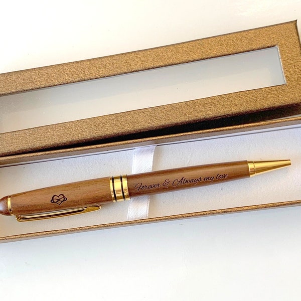 Custom Engraved Walnut Wood Pen Set with Gold Gift Box - Personalized Black Walnut Wood Pen Gift - Custom Walnut Wood Pen Gold Gift Boxed