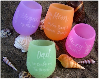 Custom Silicone Wine Glass By the Sea - Personalized Beach Cup - Colored Beach Glasses Qty of 1