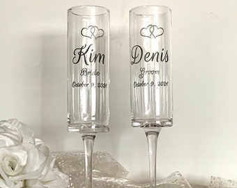 Custom Cylinder Champagne Flutes - Elegant Wedding Champagne Flutes - Lead Free Crystal Champagne Flutes - Custom Wedding Glasses - Set of 2