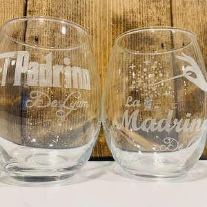Lot de deux petits verres à vin personnalisés sans pied El Padrino et La Madrina de 9 oz ou 17 oz