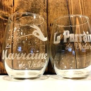 Set of Two, Le Parrain and La Marraine Custom Personalized Small 9oz OR 17oz Large Stemless Wine Glasses Set