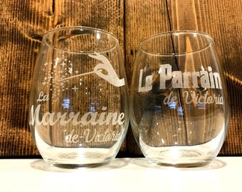 Set of Two, Le Parrain and La Marraine Custom Personalized Small 9oz or 17oz Stemless Wine Glasses Set