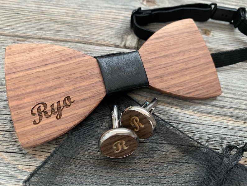 Custom Walnut Wood Bow Tie  Custom Cuff Links  Engraved Dark image 4