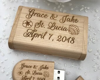 Set of 5 Engraved Maple Wood 32GB USB Thumb Drives with Engraved Wooden Boxes