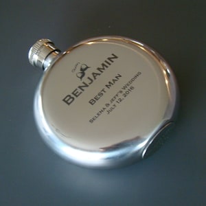 Custom Round Stainless Steel Flasks - Personalized 5 oz. Stainless Steel Wedding Party Flask - Custom Wedding Party Gifts - Custom Flasks